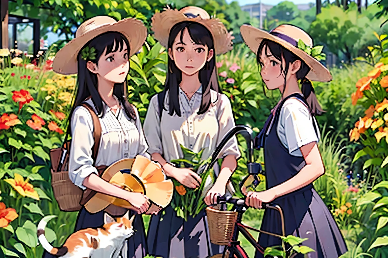 Three Girls, (A calico cat wanders around:1.2)、(Pushing a bicycle:1.2)、Black Hair, Short Hair、Long Hair, Hair Ties, Hairbands, Hair accessories, Straw hat、Shorts, skirt、Dappled sunlight、Outdoor, nature, wood々、 (Trumpet Creeper Flower:1.2)、grassland、countryside、Suburban、(Blur the background)、4K、8k、wallpaper、Best Quality、High image quality、masterpiece、