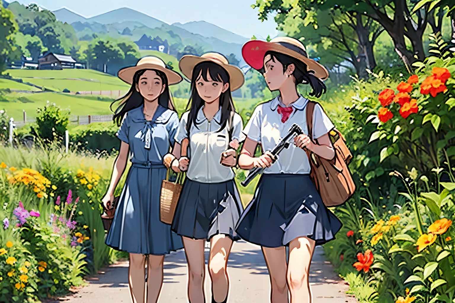 Three Girls, (A calico cat wanders around:1.2)、(Pushing a bicycle:1.2)、Black Hair, Short Hair、Long Hair, Hair Ties, Hairbands, Hair accessories, Straw hat、Shorts, skirt、Dappled sunlight、Outdoor, nature, wood々、 (Trumpet Creeper Flower:1.2)、grassland、countryside、Suburban、(Blur the background)、4K、8k、wallpaper、Best Quality、High image quality、masterpiece、