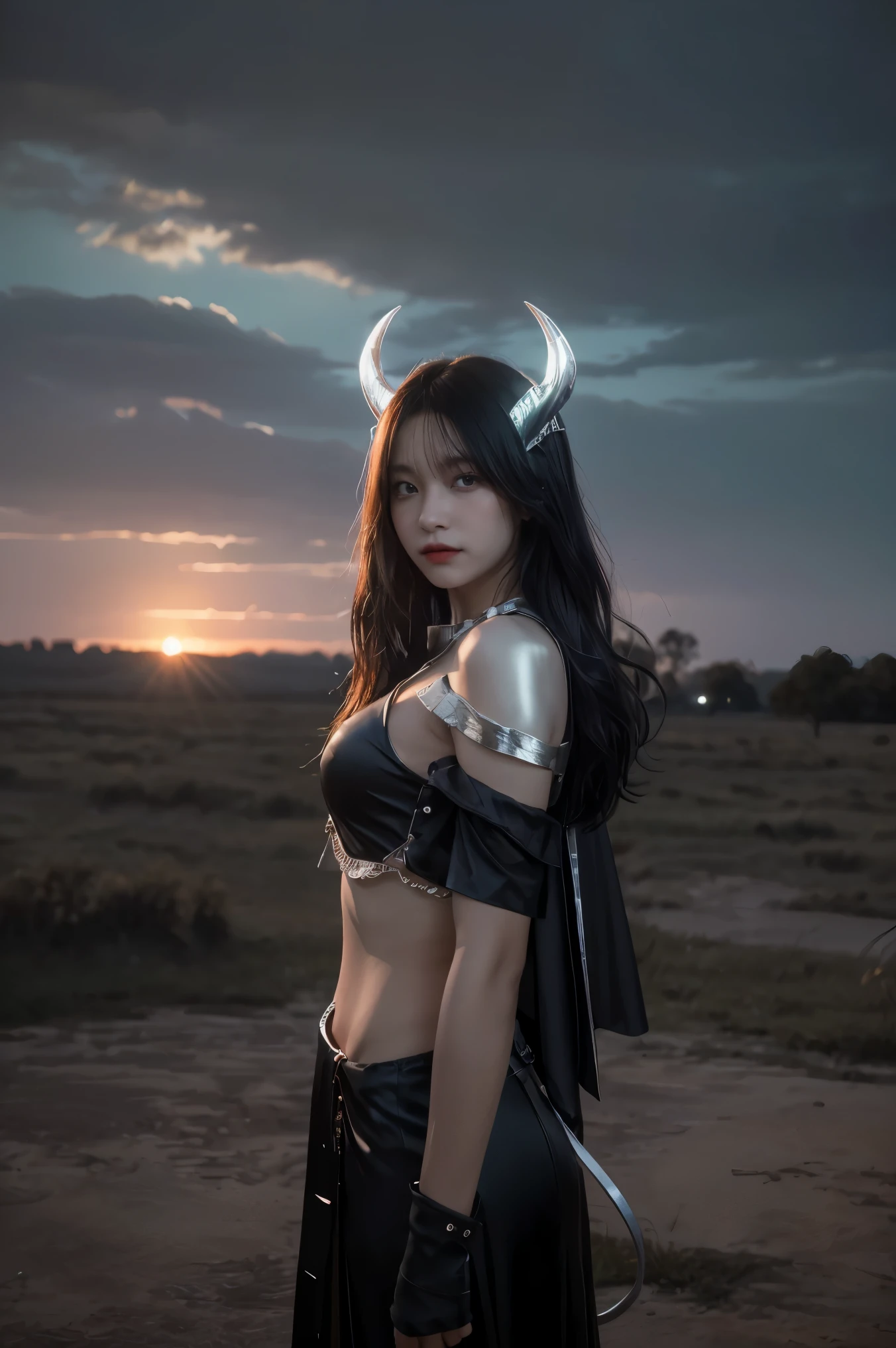 ((masterpiece, best quality, extremely detailed), volumetric lighting, ambient occlusion, colorful, glowing), 1girl, solo, young girl, (dark hair), long hair, horns, aura, devilish, goddess, cleric suit, (black outfit with silver detailst:1.3), devil wings, outdoors, sunset, sky, clouds, space, (fantasy theme:1.2),