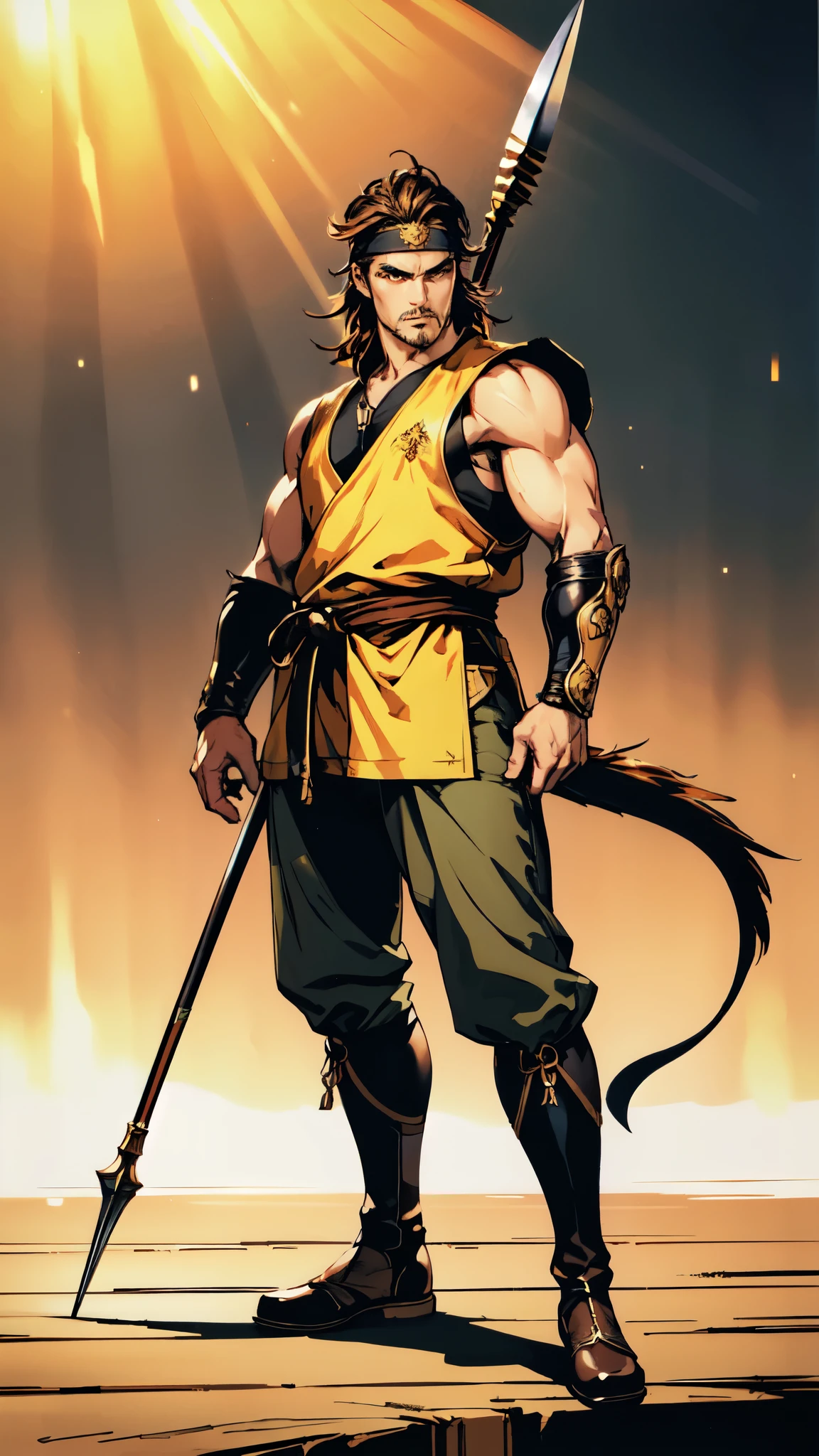(masterpiece:1.2, best quality:1.2, extremely delicate:1.2), ((male:1.5)), a middle-aged man with short brown hair, a headband, a dignified face, mustaches and goatee beard, a fantasy martial arts style orange-yellow sleeveless vest, a sash wrapped around his waist, his arms are protected by cloth bracers, matching leather pants, shin guards, leather boots, he holds a long spear with a dragon-head design in both hands, standing in a training arena, this character embodies a finely crafted fantasy martial arts style spear-wielding guardian in anime style, exquisite and mature manga art style, dramatic, high definition, highres, ultra-detailed, ultra-fine painting, professional, perfect body proportions, golden ratio, anatomically correct, symmetrical face, extremely detailed eyes and face, high quality eyes, creativity, RAW photo, UHD, 32k, Natural light, cinematic lighting, (masterpiece-anatomy-perfect:1.2)