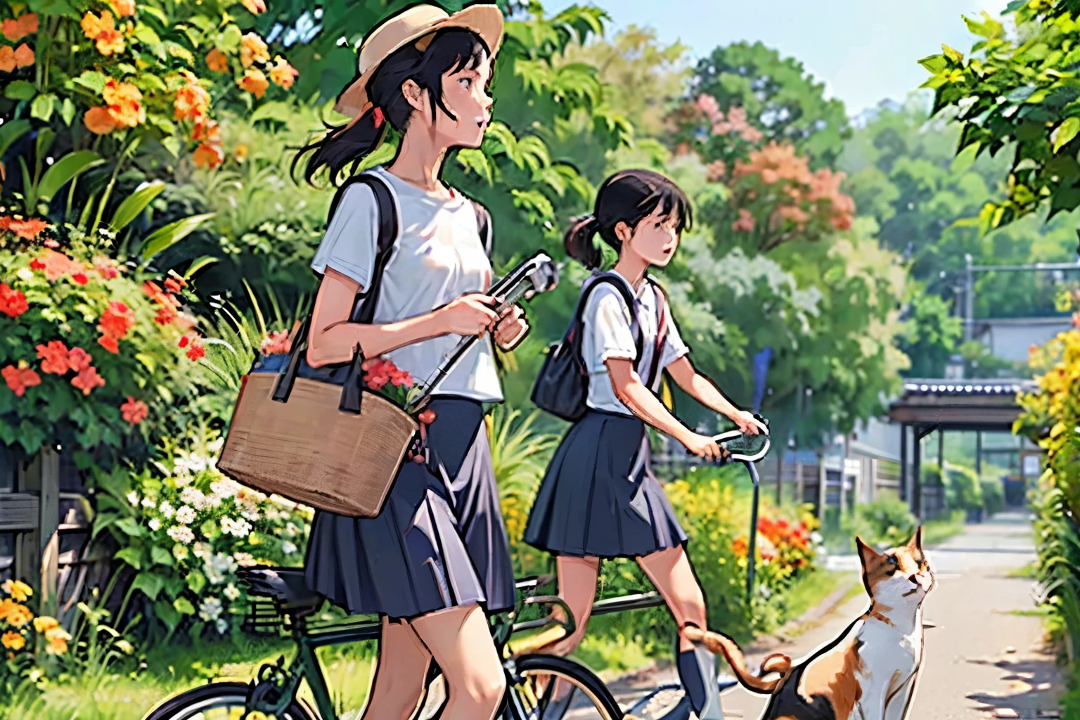 Three Girls, (A calico cat wanders around:1.2)、(Pushing a bicycle:1.2)、Black Hair, Short Hair、Long Hair, Hair Ties, Hairbands, Hair accessories, Straw hat、Shorts, skirt、Dappled sunlight、Outdoor, nature, wood々、 (Trumpet Creeper Flower:1.2)、grassland、countryside、Suburban、(Blur the background)、4K、8k、wallpaper、Best Quality、High image quality、masterpiece、