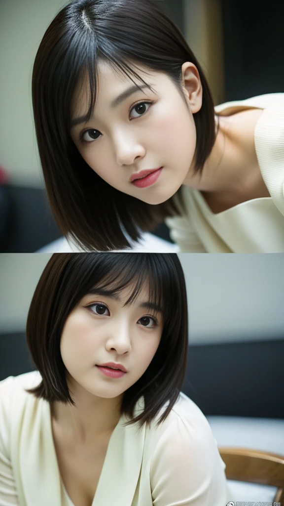 (masterpiece:1.3), (8k, photorealistic, RAW photo, best quality: 1.4), (1girl), beautiful face, (realistic face), (black hair, short hair:1.3), beautiful hairstyle, realistic eyes, beautiful detailed eyes, (realistic skin), beautiful skin, (sweater), absurdres, attractive, ultra high res, ultra realistic, highly detailed, golden ratio