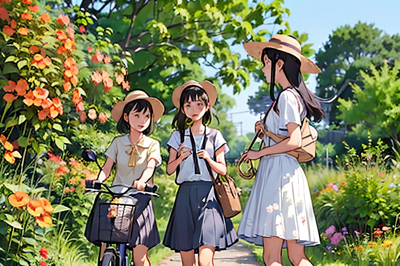 Three Girls, (A calico cat wanders around:1.2)、(Pushing a bicycle:1.2)、Black Hair, Short Hair、Long Hair, Hair Ties, Hairbands, Hair accessories, Straw hat、Shorts, skirt、Dappled sunlight、Outdoor, nature, wood々、 (Trumpet Creeper Flower:1.2)、grassland、countryside、Suburban、(Blur the background)、4K、8k、wallpaper、Best Quality、High image quality、masterpiece、