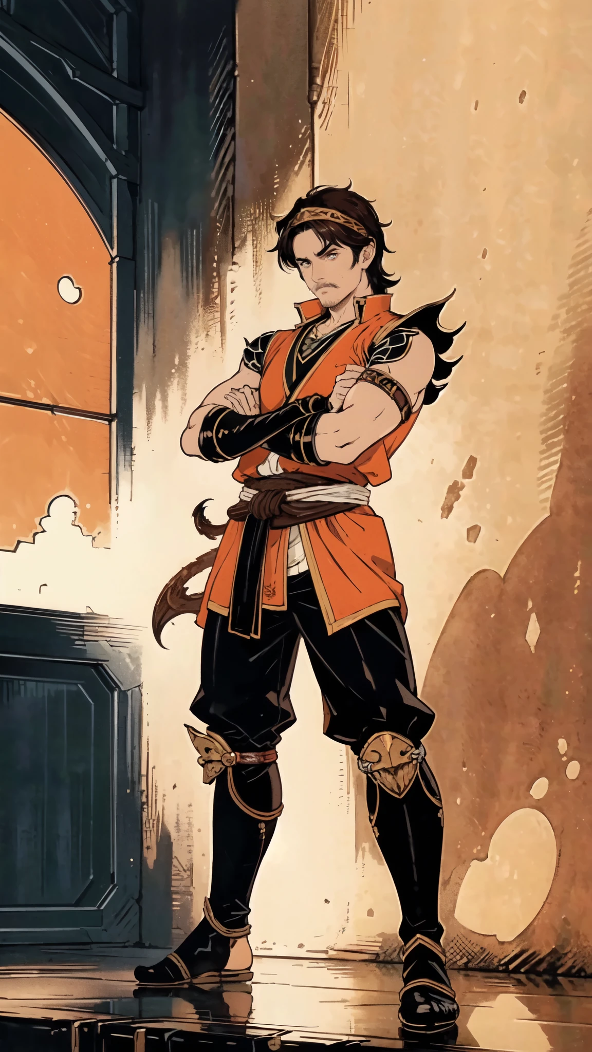 (masterpiece:1.2, best quality:1.2, extremely delicate:1.2), ((male:1.5)), a middle-aged man with short brown hair, a headband, a dignified face, mustaches and goatee beard, a fantasy martial arts style orange-yellow sleeveless vest, a sash wrapped around his waist, his arms are protected by cloth bracers, matching leather pants, shin guards, leather boots, he holds a long spear with a dragon-head design in both hands, standing in a training arena, this character embodies a finely crafted fantasy martial arts style spear-wielding guardian in anime style, exquisite and mature manga art style, dramatic, high definition, highres, ultra-detailed, ultra-fine painting, professional, perfect body proportions, golden ratio, anatomically correct, symmetrical face, extremely detailed eyes and face, high quality eyes, creativity, RAW photo, UHD, 32k, Natural light, cinematic lighting, (masterpiece-anatomy-perfect:1.2)