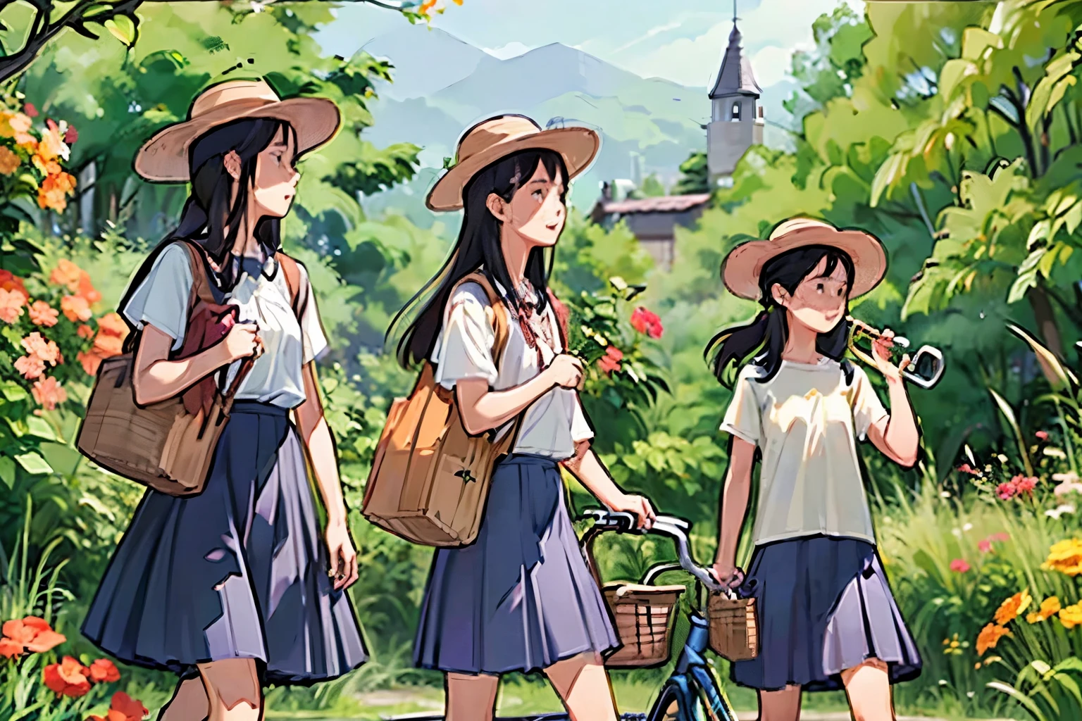 Three Girls, (A calico cat wanders around:1.2)、(Pushing a bicycle:1.2)、Black Hair, Short Hair、Long Hair, Hair Ties, Hairbands, Hair accessories, Straw hat、Shorts, skirt、Dappled sunlight、Outdoor, nature, wood々、 (Trumpet Creeper Flower:1.2)、grassland、countryside、Suburban、(Blur the background)、4K、8k、wallpaper、Best Quality、High image quality、masterpiece、