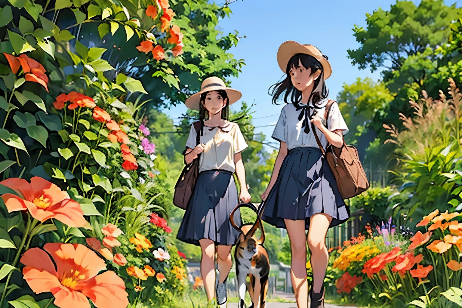 Three Girls, (A calico cat wanders around:1.2)、(Pushing a bicycle:1.2)、Black Hair, Short Hair、Long Hair, Hair Ties, Hairbands, Hair accessories, Straw hat、Shorts, skirt、Dappled sunlight、Outdoor, nature, wood々、 (Trumpet Creeper Flower:1.2)、grassland、countryside、Suburban、(Blur the background)、4K、8k、wallpaper、Best Quality、High image quality、masterpiece、