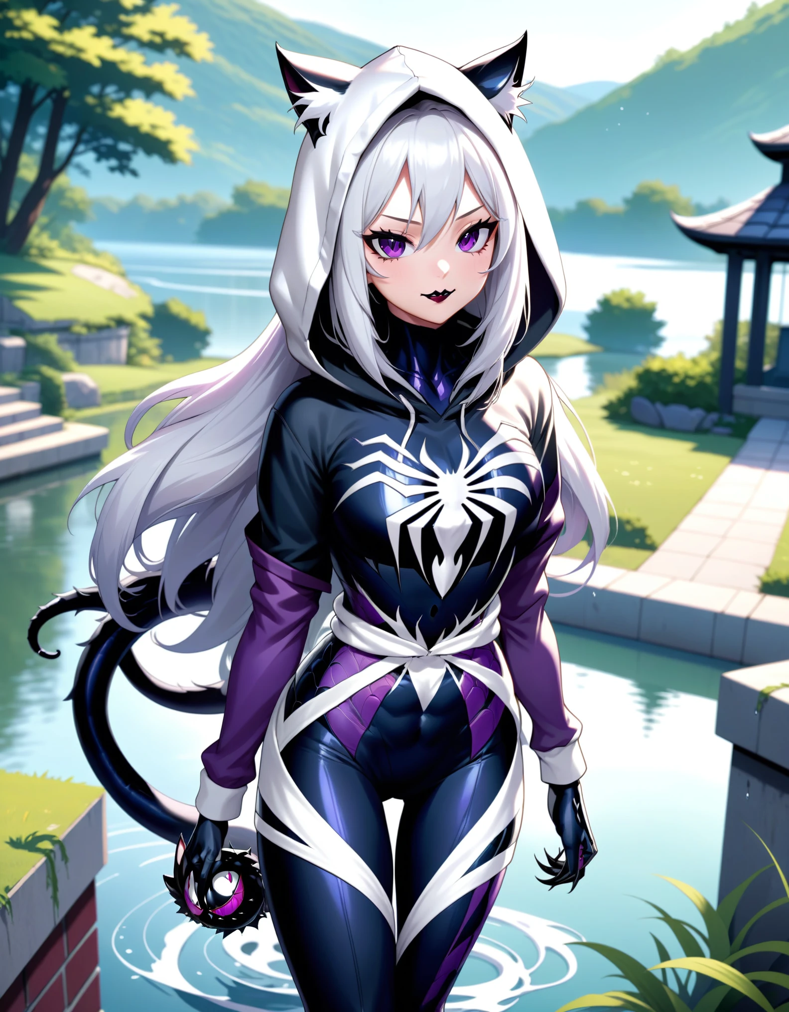 HD quality, masterpiece, wallpaper quality, (((covered in Symbiote like Venom from SpiderMan))), detailed eyes, detailed face, solo, Female, Neko Female, cat ears, thigh-length coat, ((white hoodie)), grey belt around waist, Hair like Madara Uchiha, ((white anime hair)), cat tail, (((black cat tail))), Thick Thighs, Lakeside, waterfall, fish in lake, standing on a building, medieval building, grass, standing, looking at viewer, (((black and purple Symbiote))),