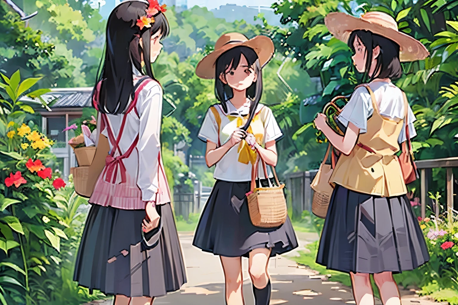 Three Girls, (A calico cat wanders around:1.2)、(Pushing a bicycle:1.2)、Black Hair, Short Hair、Long Hair, Hair Ties, Hairbands, Hair accessories, Straw hat、Shorts, skirt、Dappled sunlight、Outdoor, nature, wood々、 (Trumpet Creeper Flower:1.2)、grassland、countryside、Suburban、(Blur the background)、4K、8k、wallpaper、Best Quality、High image quality、masterpiece、