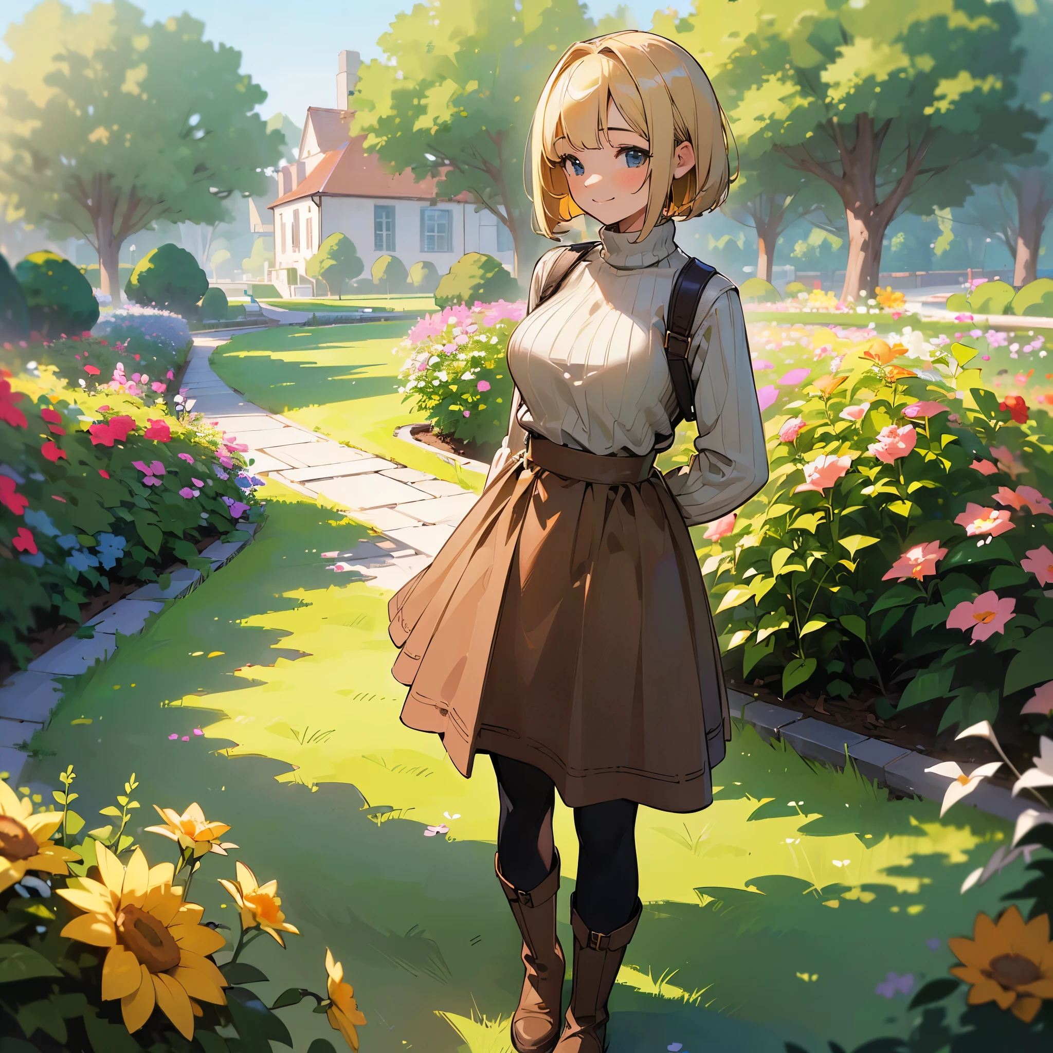 Anime girl in a garden with flowers and a house in the background ...