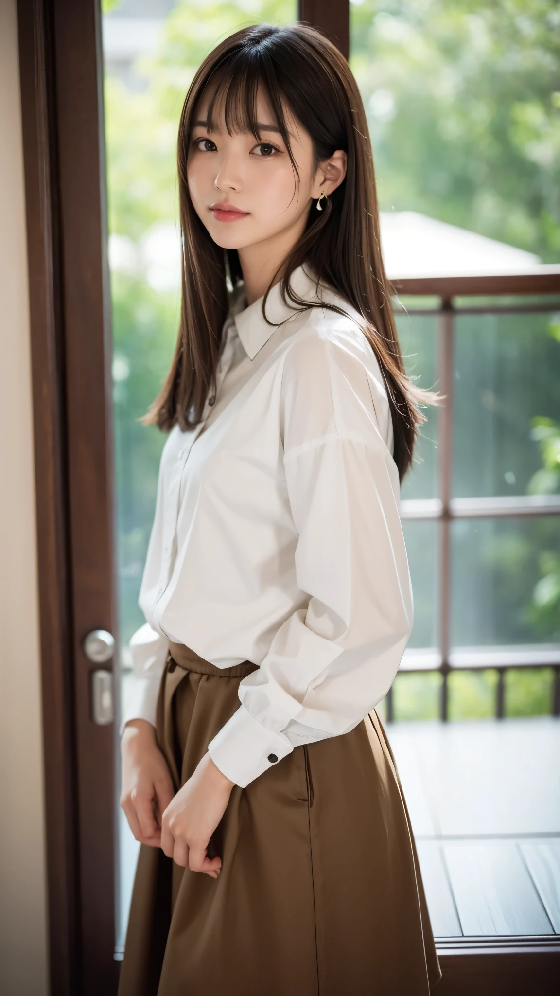 Japanese woman standing with her hands behind her back、1 person、Perfect beauty、Full body portrait、Small face、Medium build、Model-like proportions、Wearing a shirt、Wearing a skirt、, light brown hair, crossed bangs, straight hair, floating hair, expressive hair, big hair, wide eyes, earrings, seductive smile, naughty, Verism, Surrealism, cinematic lighting, Fujicolor, tachi-e, first-person view, f/1.8, Nikon, UHD, anatomically correct, masterpiece, high details, award winning, best quality, highres, 16k