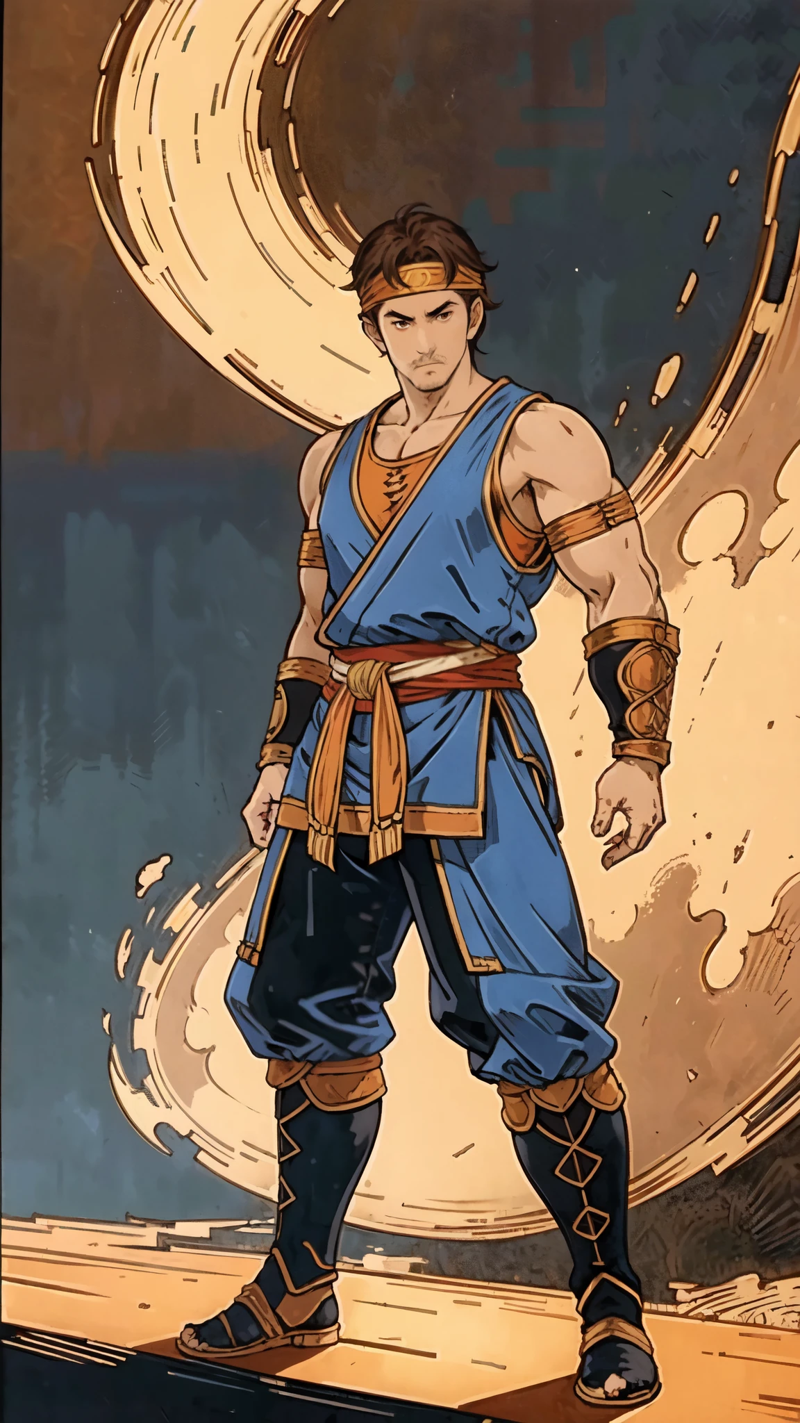 (masterpiece:1.2, best quality:1.2, extremely delicate:1.2), ((male:1.5)), a middle-aged man with short brown hair, a headband, a dignified face, mustaches and goatee beard, a fantasy martial arts style orange-yellow sleeveless vest, a sash wrapped around his waist, his arms are protected by cloth bracers, matching leather pants, shin guards, leather boots, he holds a long spear with a dragon-head design in both hands, standing in a training arena, this character embodies a finely crafted fantasy martial arts style spear-wielding guardian in anime style, exquisite and mature manga art style, dramatic, high definition, highres, ultra-detailed, ultra-fine painting, professional, perfect body proportions, golden ratio, anatomically correct, symmetrical face, extremely detailed eyes and face, high quality eyes, creativity, RAW photo, UHD, 32k, Natural light, cinematic lighting, (masterpiece-anatomy-perfect:1.2)