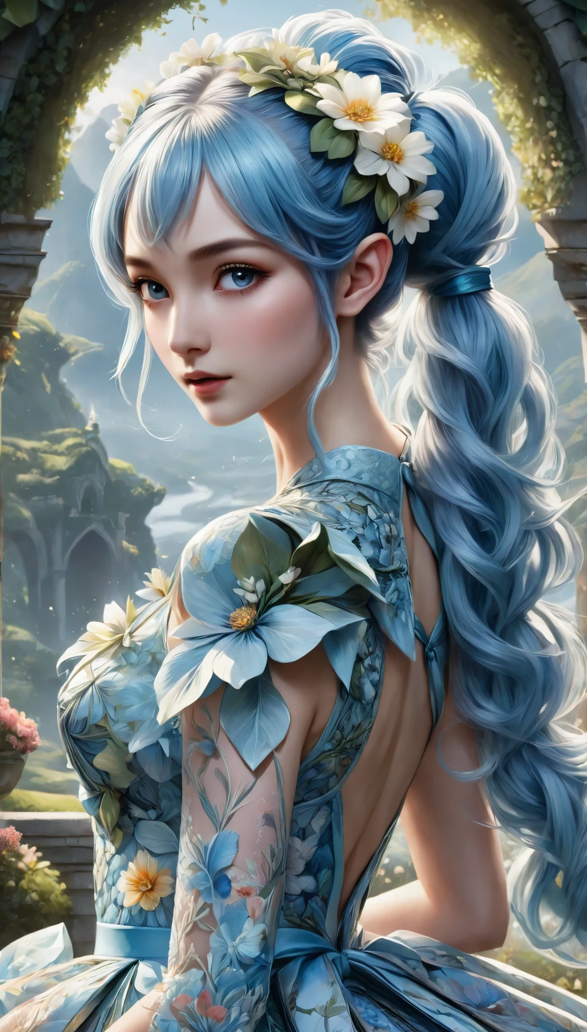 (masterpiece), high details, high quality, (best quality), (super detail), perfect detailed eyes, perfect detailed face, light blue hair, ponytail, flower print dress, design, intricate patterns, Fashionable, cutting-edge, avant-garde costumes, Intersection of light and shadow, Fantastic landscape, elf, long pointy ears, hair bow