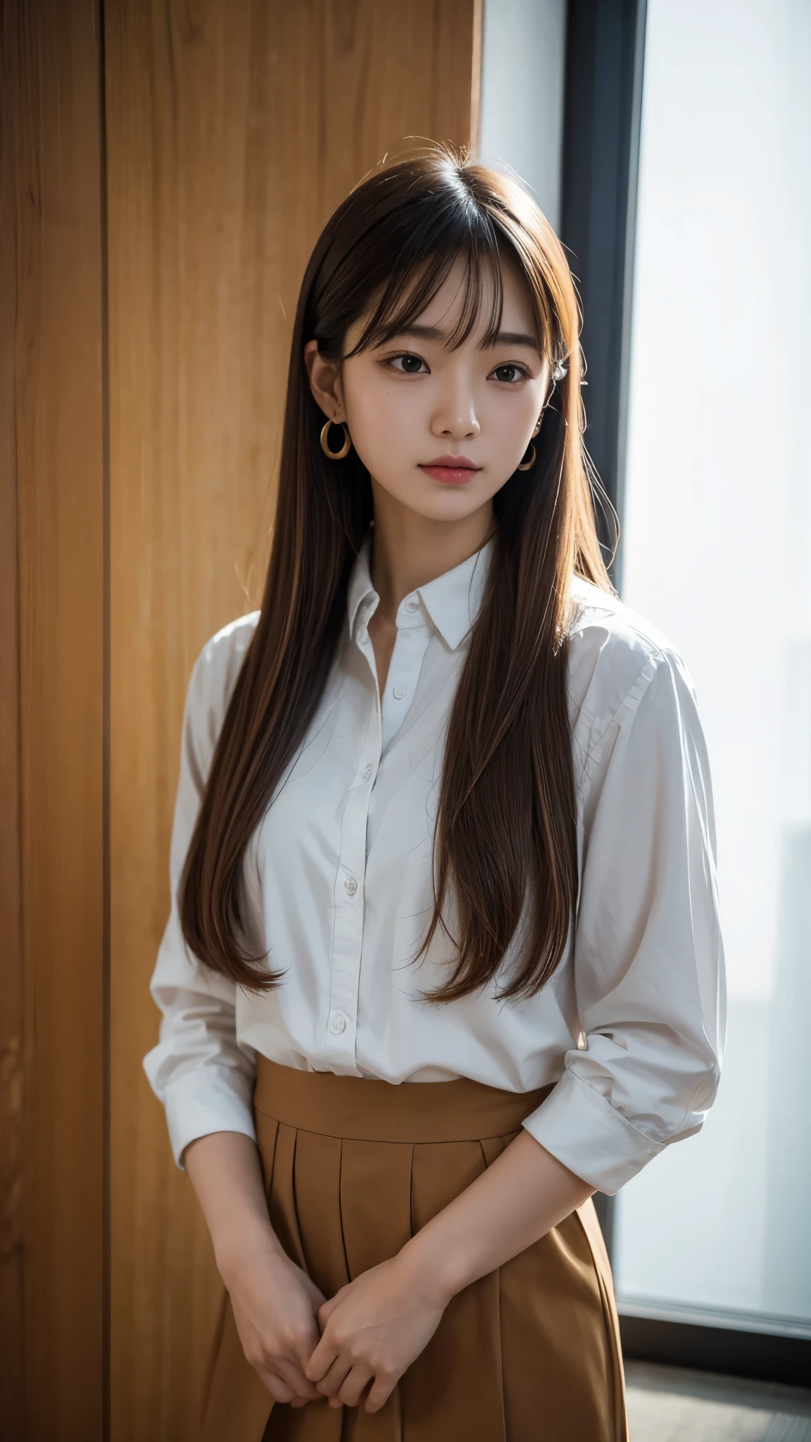 Japanese woman standing with her hands behind her back、1 person、Perfect beauty、Full body portrait、Small face、Medium build、Model-like proportions、Wearing a shirt、Wearing a skirt、, light brown hair, crossed bangs, straight hair, floating hair, expressive hair, big hair, wide eyes, earrings, seductive smile, naughty, Verism, Surrealism, cinematic lighting, Fujicolor, tachi-e, first-person view, f/1.8, Nikon, UHD, anatomically correct, masterpiece, high details, award winning, best quality, highres, 16k