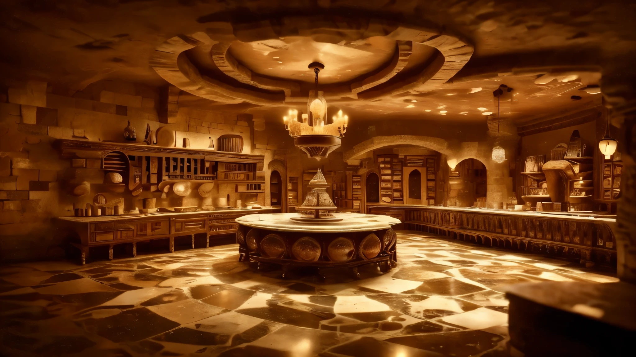 masterpiece, best quality, 8k, panoramic view, castle kitchen, large, spacious, magical atmosphere, intricate details, medieval architecture, marble wall, ceramics on the floor, wooden beams, ornate furniture, flickering candles, wood oven, copper pots and pans, medieval banquet, dramatic lighting, fantasy, 