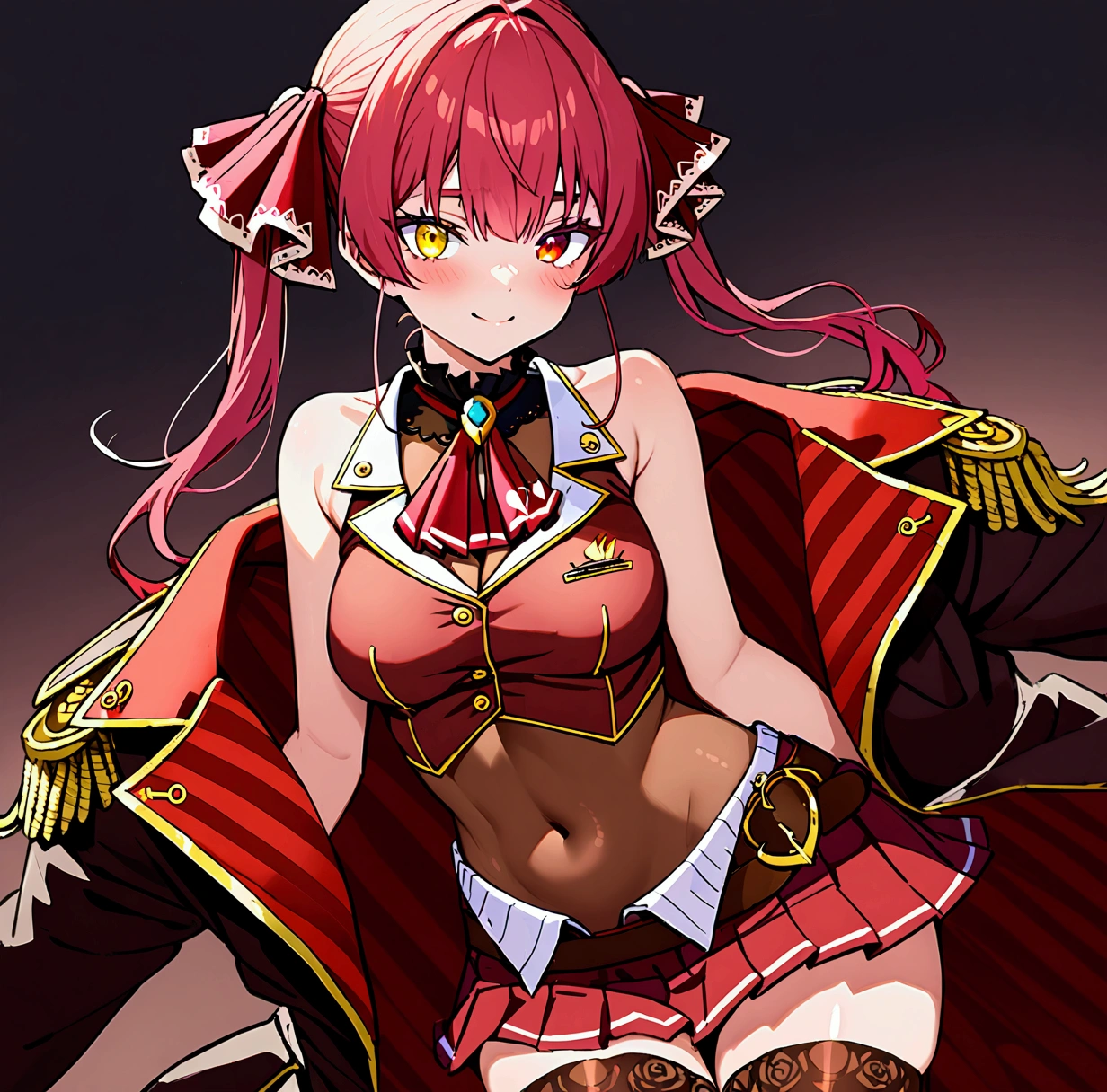 houshou marine,hololive, red hair, twintails, heterochromia, red eyes, yellow eyes, hair ribbon,
bare shoulders, brown leotard, brown thighhighs, covered navel, cropped jacket, grey shirt, jacket, leotard, leotard under clothes, pleated skirt, red jacket, red ribbon, red skirt, ribbon, shirt, skirt, sleeveless, sleeveless jacket, sleeveless shirt, thighhighs,