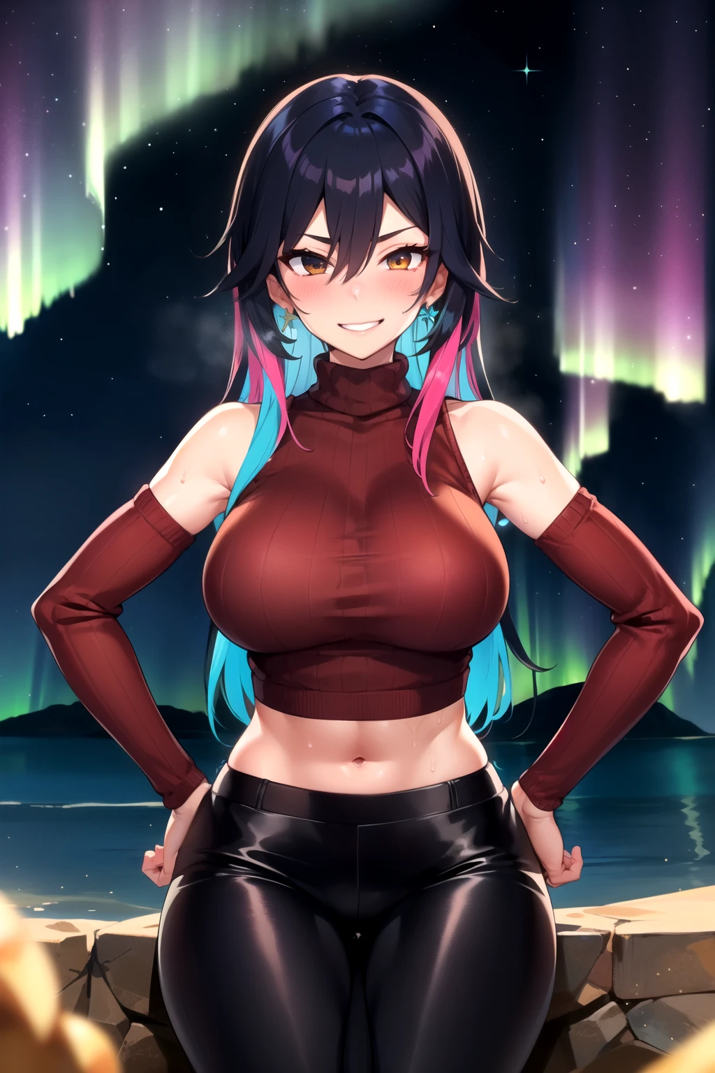 (masterpiece, best quality:1.2), extremely detailed, detailed hair, intricate details, finely detailed, [[soft lighting, volumetric lighting]], 1girl, (solo:1.2), looking at viewer, upper body, hands on hips , sitting , huge breasts, (shirt, long sleeves, pants, sweater, turtleneck, black pants, high-waist pants, multicolor outfit), , detached sleeves , (hair between eyes, flipped hair , , split-color hair ,black hair), smirk , sweat,, , blush, jacket earrings, (Aurora Borealis Starfish,Belfry,Quicksand), 