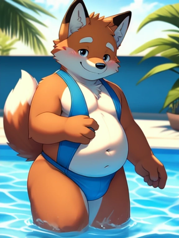 (masterpiece), (absurdres), (solo), (1girl), atb, furry, furry female, animal ear fluff, tail, gigantic breasts, bursting breasts, one-piece swimsuit, poolside, open mouth, smile, looking at viewer, <lora:ATBv02-03:1>