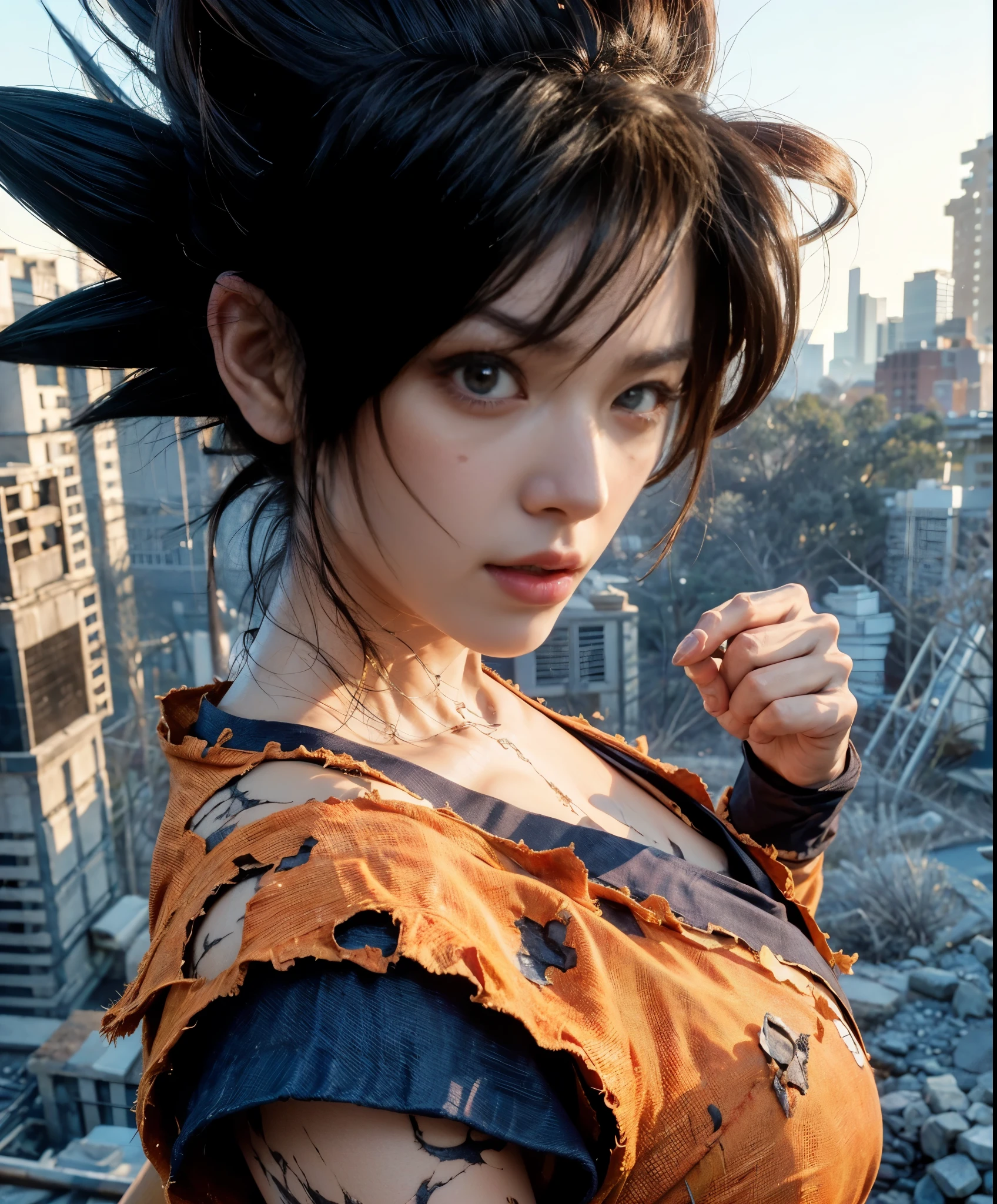 8k, Photorealistic、Realistic skin texture、Pore expression、Beautiful Japanese Women、A female version of Son Goku from Dragon Ball、whole body、Kamehameha 、Broken cityscape、Cosplay、live-action version、Deadly Combat、Realistic expression、Covered in scars、Glare