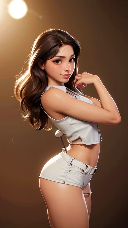 (realist: 1.4), of the highest quality, very delicate and beautiful, High resolution, A brunette latina girl, brown fur con rulos, smile, cowboy shot, suspenders, low rise, mini skirt, sleeveless, nervous shirt, brown fur, by the wide, Elbow hand pockets, beautiful detailed brown eyes, face light, cinema lighting, belly button, High exposure, exposed belly, rib, (medium udder), dynamic pose, dynamic angle, in the office, Tight and fat butt style, Volumetric lighting S High resolution photo, detailed face, open sky with sun, nice day, happy, nalgona, curved belt, camel toe, touching the buttock with the hands, sexy curves