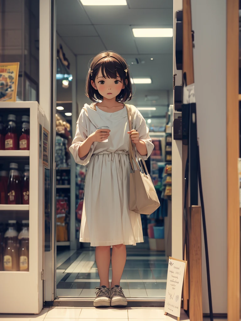 Generate a scene of a little girl shopping，The atmosphere of the event is relatively strong