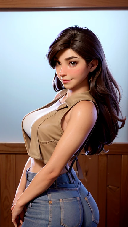 (realist: 1.4), of the highest quality, very delicate and beautiful, High resolution, A brunette latina girl, brown fur con rulos, smile, cowboy shot, suspenders, low rise, mini skirt, sleeveless, nervous shirt, brown fur, by the wide, Elbow hand pockets, beautiful detailed brown eyes, face light, cinema lighting, belly button, High exposure, exposed belly, rib, (medium udder), dynamic pose, dynamic angle, in the office, Tight and fat butt style, Volumetric lighting S High resolution photo, detailed face, open sky with sun, nice day, happy, nalgona, curved belt, camel toe, touching the buttock with the hands, sexy curves