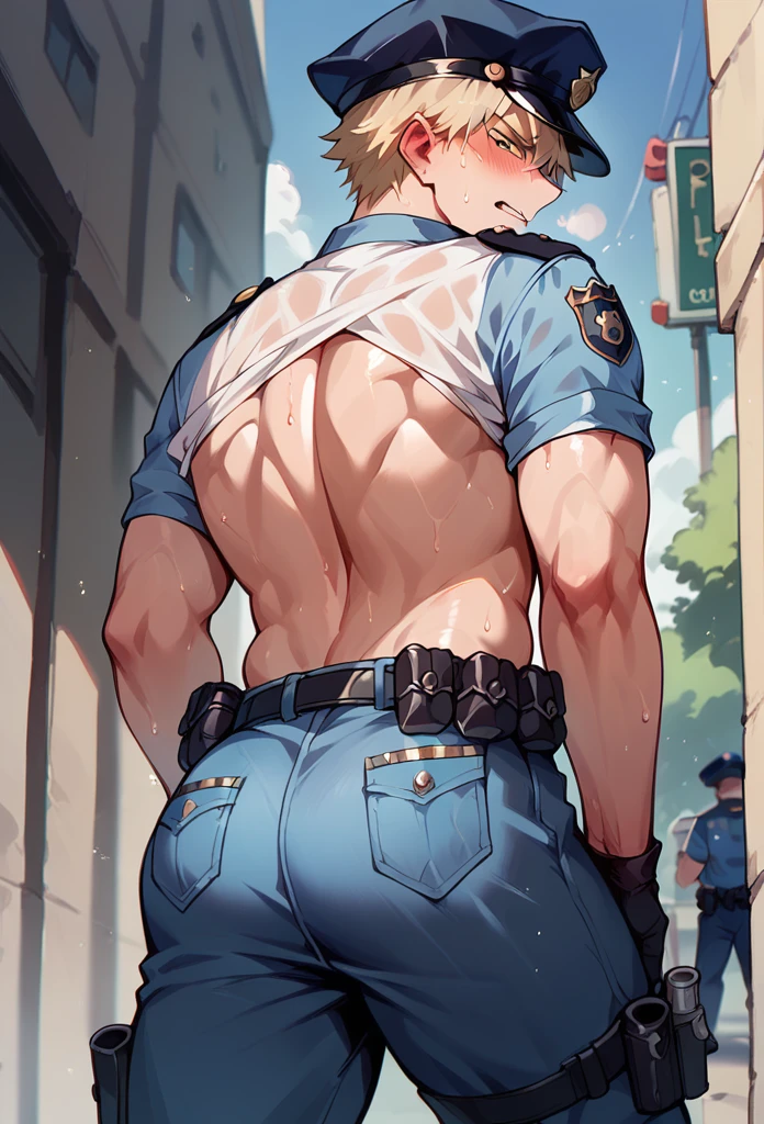  Blond haired boy showing his smelly and sweaty ass in police uniform close to the camera