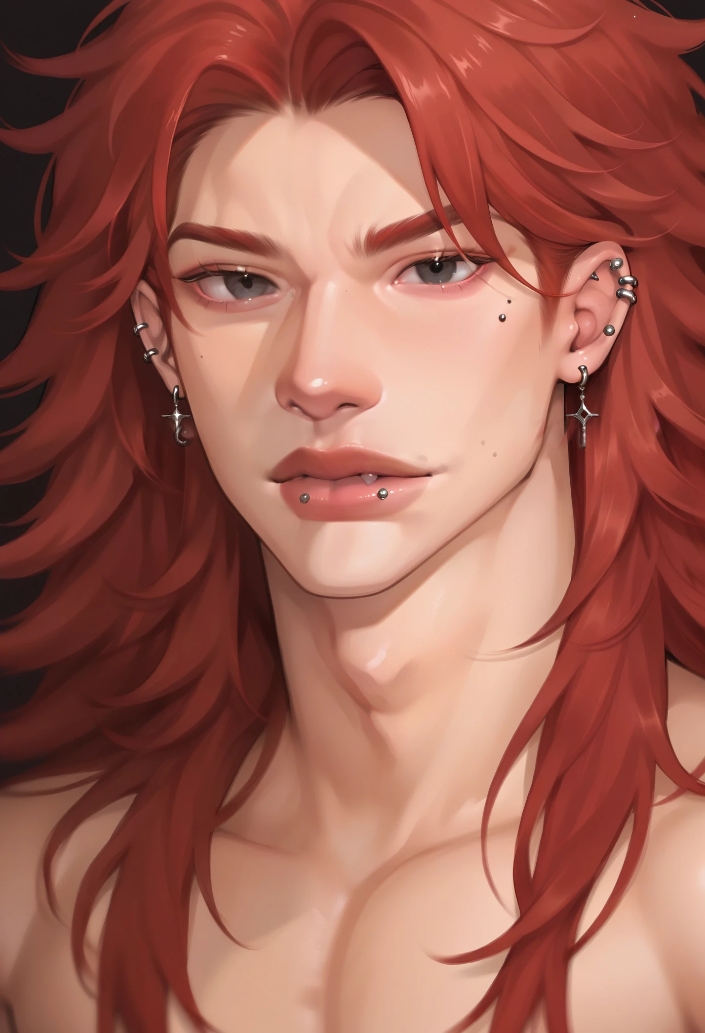 focus on bust and face, boy, long hair, piercings , red hair, black eyes