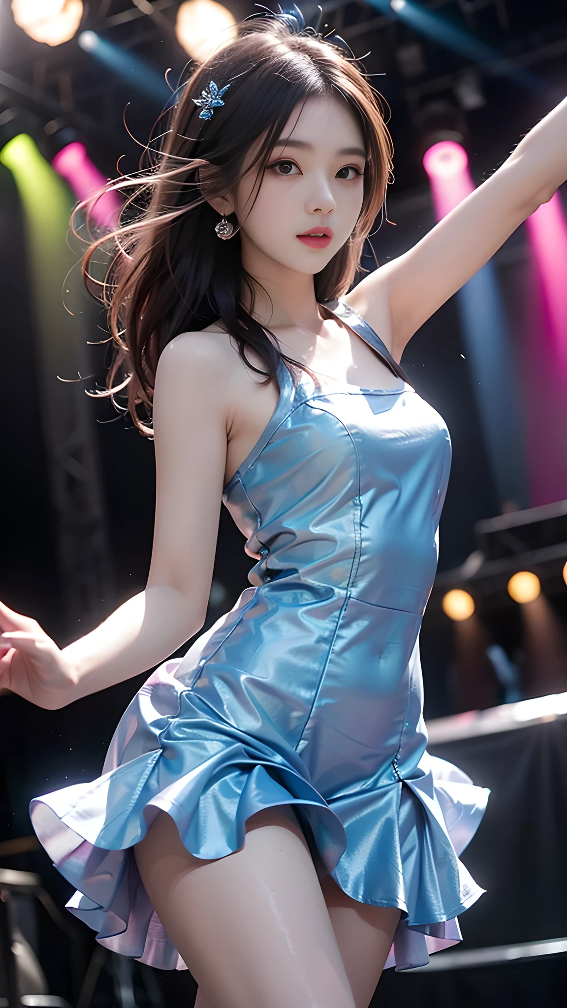 ulzzang-6500-v1.1, (RAW photo: 1.2), (Real photo), (Real photo: 1.4), 1 girl、Perfect anatomy、1、Looking at the camera、Medium length hair、dance dress, ((performing on stage: 1.1))、(Business service)、Asian eyes Ella,