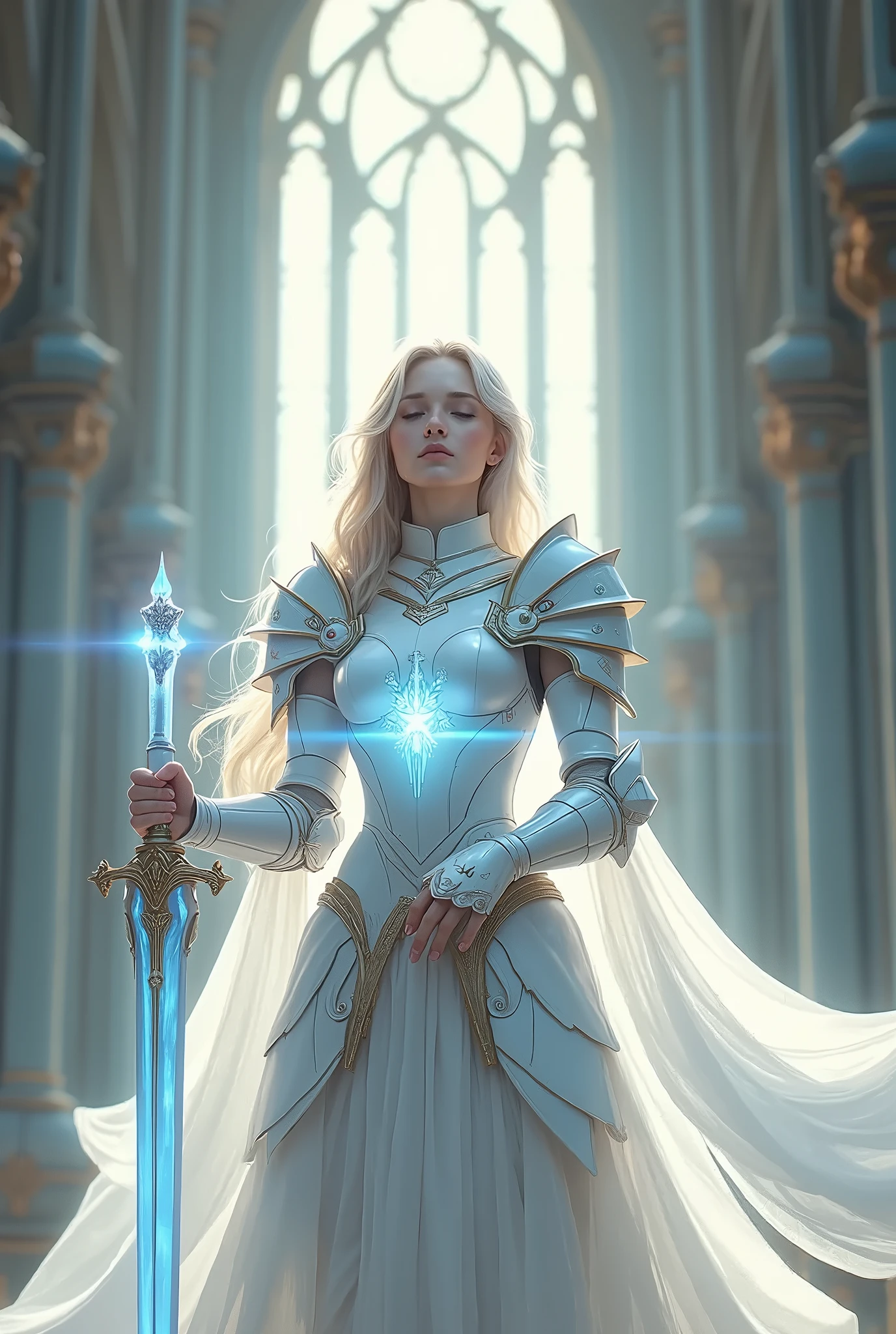 masterpiece,Best Quality,Absurd,((Holy Knight))白銀のBeautiful Armorを着た女性,In the holy white light,Cathedral,Cowboy Style Photos,Crystal Holy Sword,Great Sword,Luminous sword tip,The tip of the sword points downwards,Holding the handle with both hands,Offer a prayer,Close your eyes slightly,Art Stationのchengwei pan, Detailed fantasy art, Great person々The Art of, 最高The Art ofステーション, Beautifully crafted, Beautiful Armor, Very exquisite work of art, Detailed digital art, Art Station, Artgerm&#39;s pixiv, Woman in armor,Big Breasts