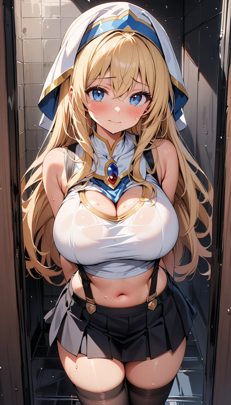 (curvy, medium breasts, ((bursting breasts))), (((sleeveless white crop top)), crop top navel, black pleated miniskirt, (suspenders)),((1girl, priestess \(goblin slayer!\), goblin slayer!)), (Hijab), blonde hair,beautiful detailed eyes, blue eyes,(cute eyes), black thigh highs, arms behind back, (Carving Waistline), Shower room, (cowboy shot, from front), Best Quality, Super detailed, masterpiece, Ultra-high resolution, 8k, Embarrassing, blush, Nice, (With tears in my eyes), closed mouth, sweat