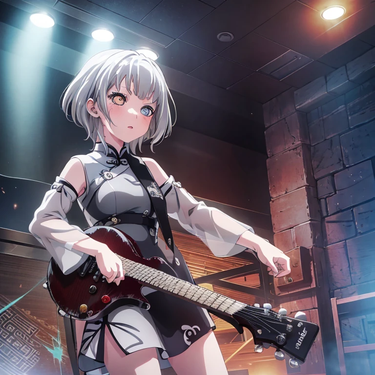 Best Quality,High image quality,Anatomically correct,anime,8k,One Girl,beautiful girl,ancient house background,Light grey hair,Heterochromia iridis,Golden right eye,Silver left eye, Wearing a black mini Qipao dress,I have an electric guitar,Looking forward,Hand Repair