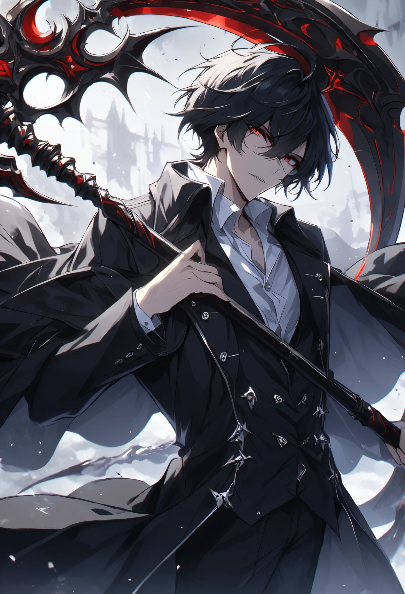solo, handsome, 1 male, short hair, black hair, red eyes, white shirt, black coat, scythe
