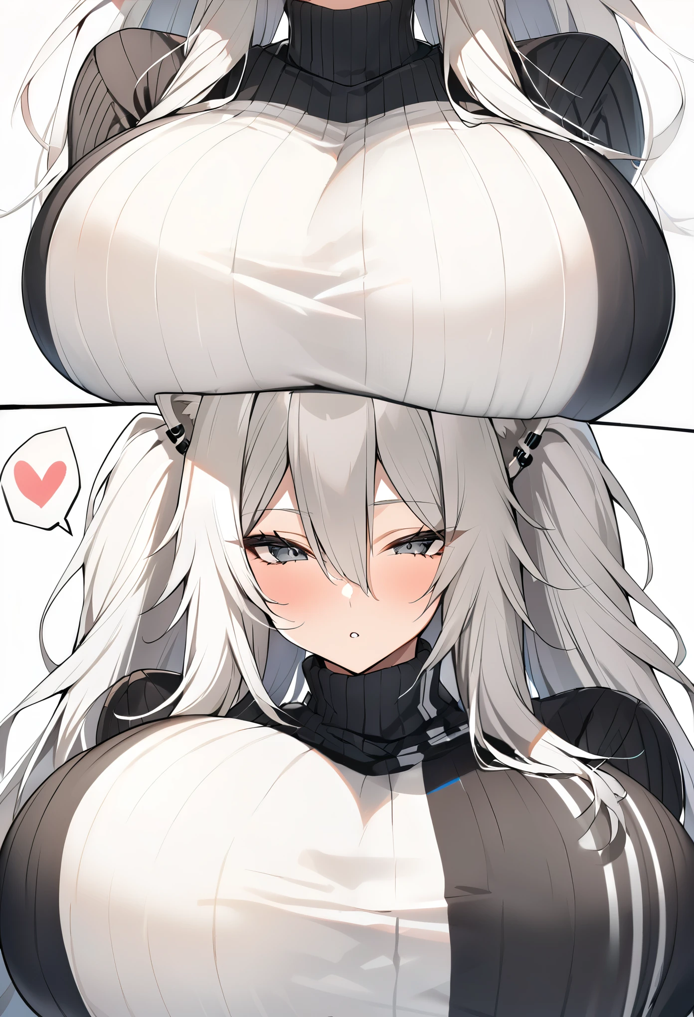 Shishirabotan、Black knitted clothes、Vertical sweater clothes、Black sweater、Huge breasts:1.5、sagging breast:1.5、1girl、portrait、spoken heart、face focus、straight hair、Twin tails、Slightly messy hair、White lion、