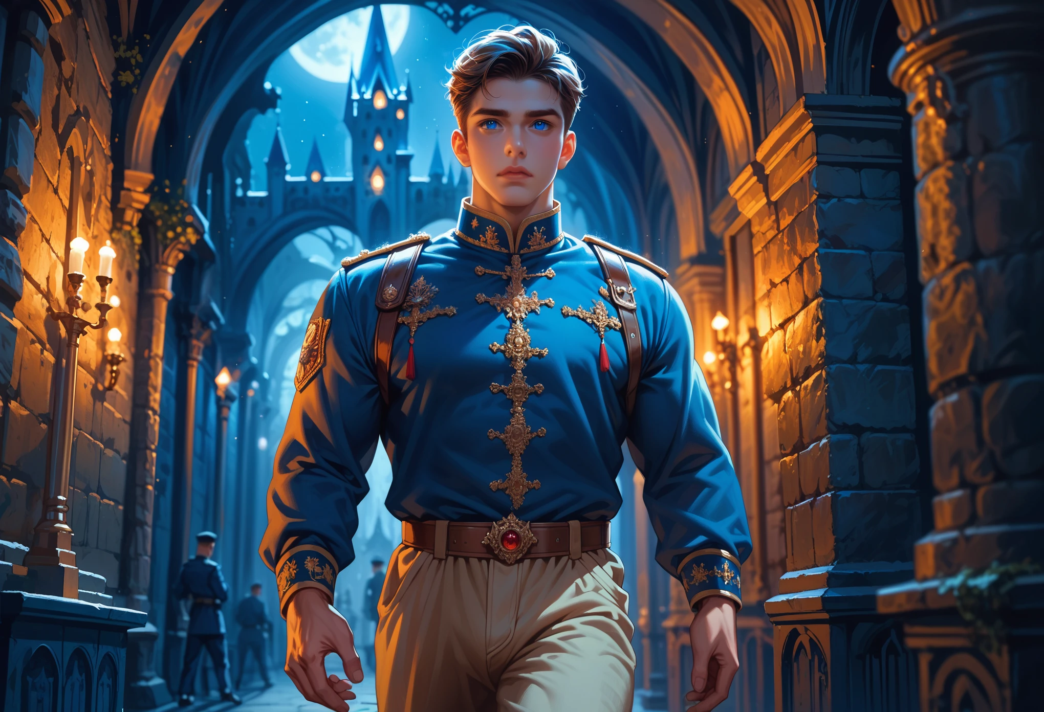 (masterpiece, Highest quality), (1boy, solo:1.4, (boy is hit him from behind, faint)),  (boy is (wearing a royal soldier blue tunic, beige pants), brunette, muscular, (detailed eyes and face)), (at night, moonlight, castle, corridor )