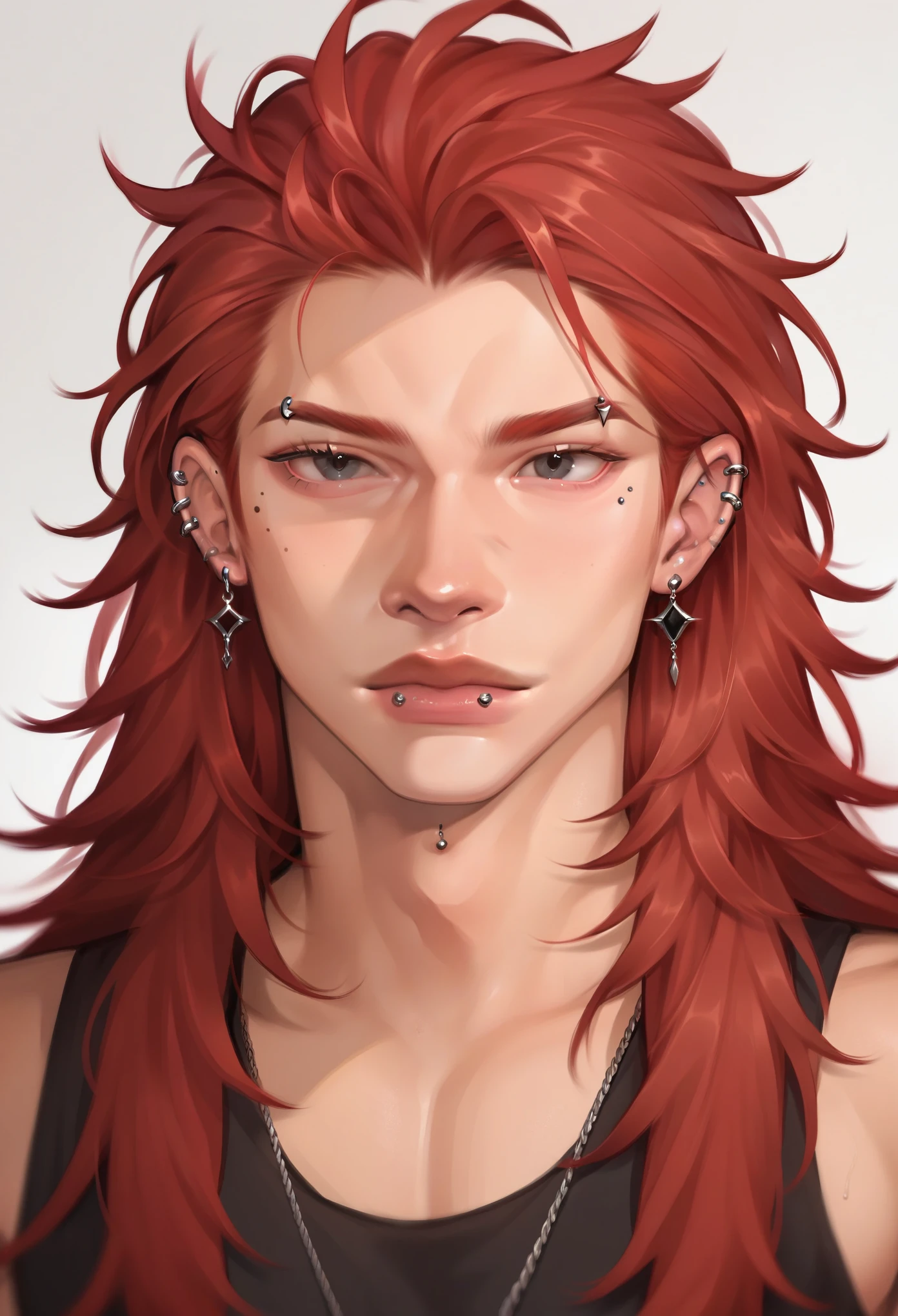 focus on bust and face, boy, long hair, piercings , red hair, black eyes 