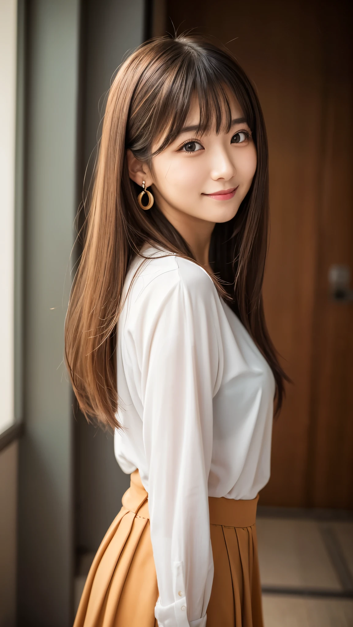 Highest quality, shape, Super detailed, finely, High resolution, 8k wallpaper, 完璧なダイナミックな構shape, ((Sexy pose)), Beautiful Skin, (Big eyes), Beautiful 20 year old girl, Natural color lip, Center of chest, smile, Highly detailed face and skin texture, Fine grain, double eyelid,Laughing with loose teeth, close, profile, Brown medium hair, (Beige dress shirt:1.2), Night view