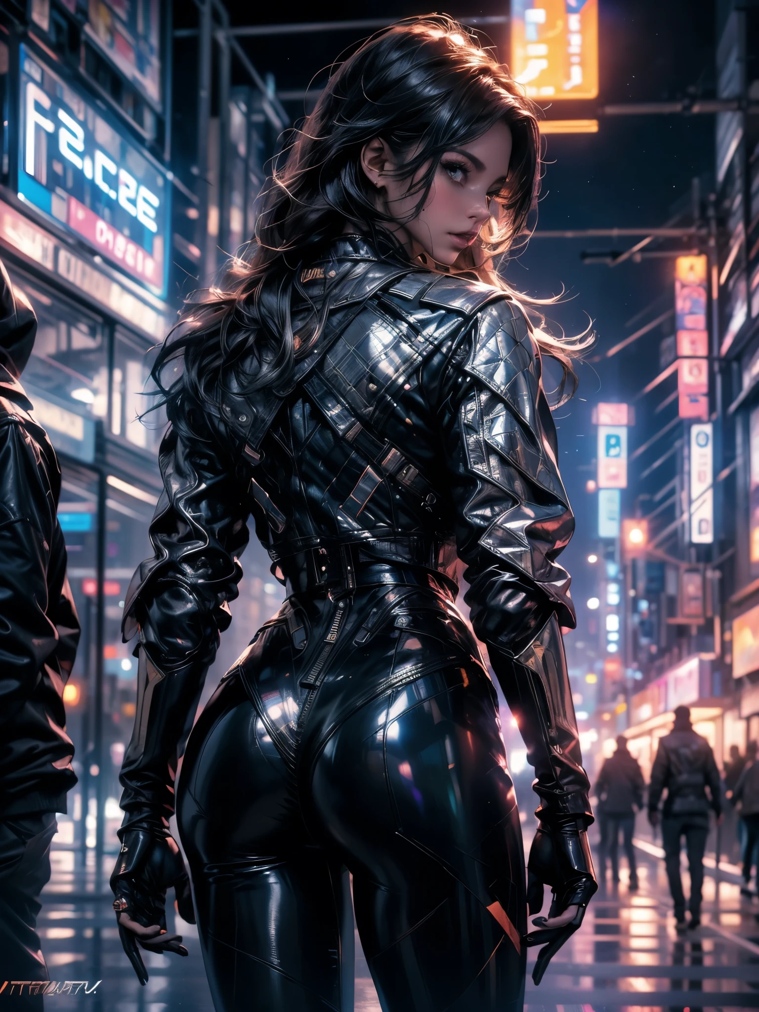 hyper realistic, lifelike texture, dramatic lighting, (best quality:1.1), depth of field, nighttime, in a futuristic cyberpunk city, HDR, shallow depth of field, broad light, high contrast, backlighting, bloom, light sparkles, chromatic aberration, sharp focus, futuristic clothing, leather jacket, beauty512, lnchuu, 