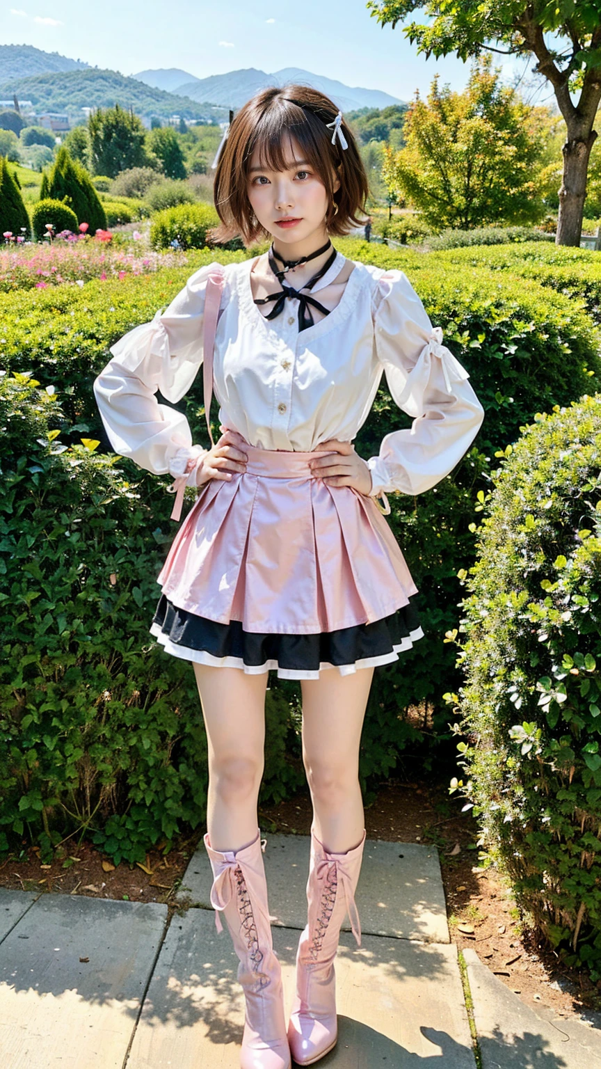 (Best Quality,4K,High resolution:1.2), Ultra-detailed, Realistic portrait, Best Quality, (outside japanese high school), (passionate scene),one very young looking high school girl, (intense emotion), (innocent look, pink ,white and black school uniform), ((stockings, cute face, standing, full body)), (perfect long legs, high waist mini pleated skirt, tight shirt), large brown eyes, long black hair, pigtails, cute smile, rose cheeks, muscular abs tiny body, tiny waist, bows and ribbons in hair, (large round black rimmed glasses)