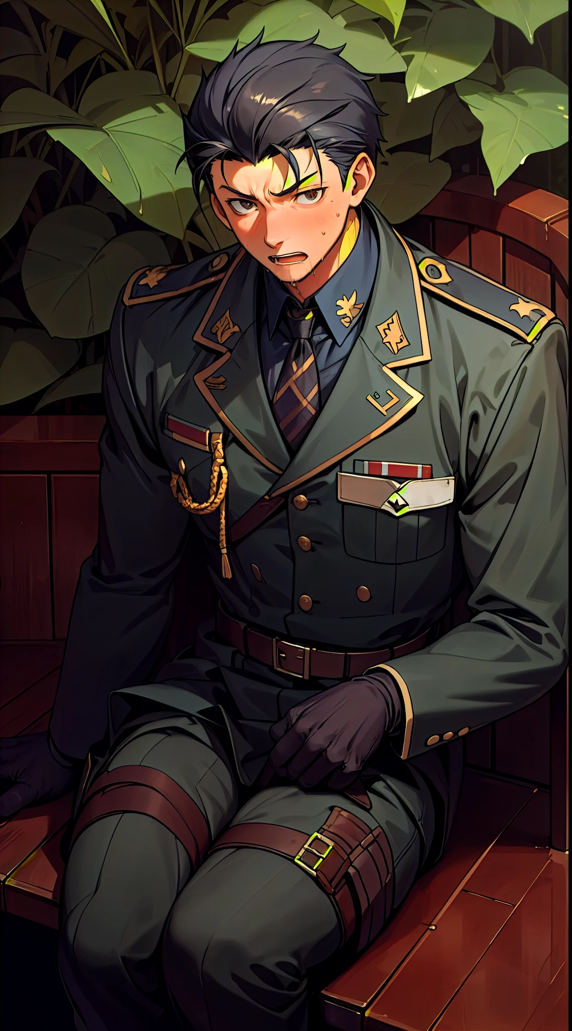 Hector Fay, Ultra high quality cg, solitary, Looking at the audience, Open your mouth, Sweating, Wet, Drooling, Gloves, 1 man, whole body, Sitting astride，Male focus, tie，shirt， military uniform，A holster on his thigh
