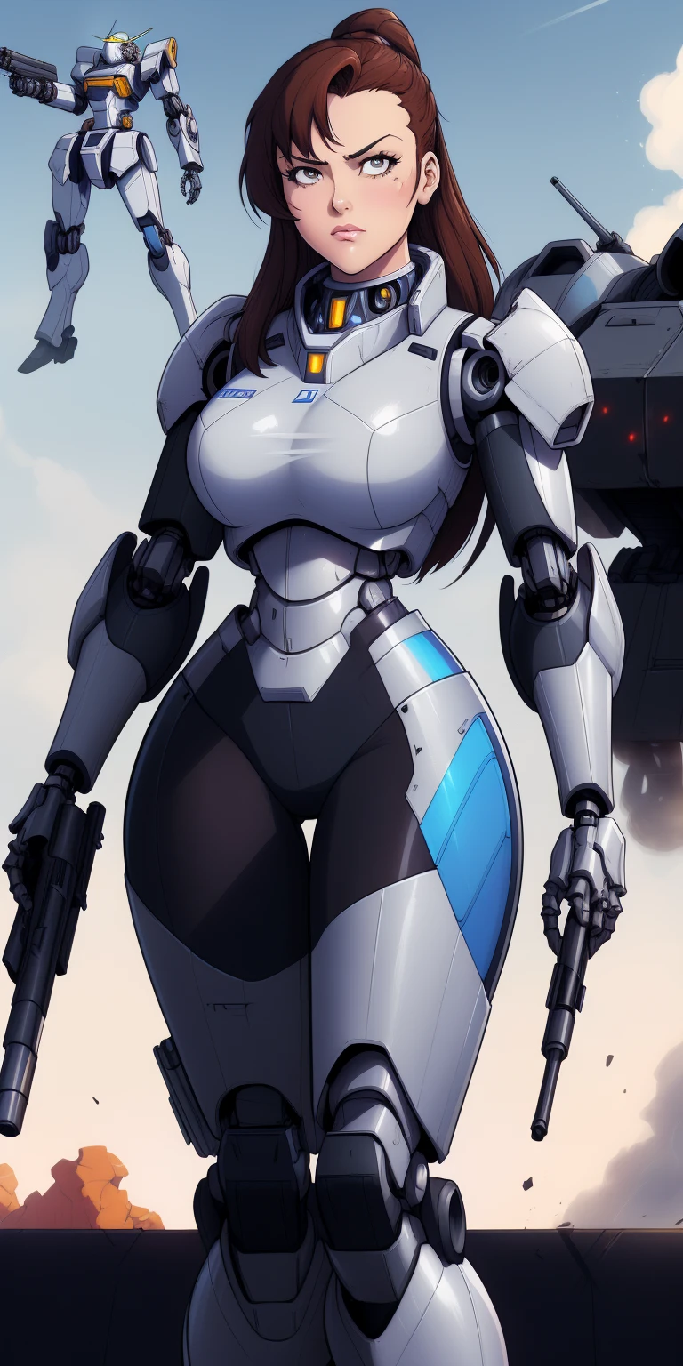 Mechanized Woman((from before)),Brown Hair,Light brown eyes,Twin tails,Thick bones,On the ground,Being outside,weather((sunny)),Beautiful curves,Medium Hair,Curvaceous machine body,Mechanized hip joint,Mechanized body,Mechanized limbs,Puffy nipples,Blushed,Prosthetic arm,prosthetic limb,Panel Lyle,Exquisite detail,Additional Armor,Additional Armor,