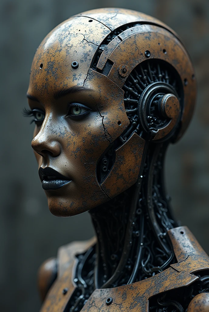 real photo, photorealistic, dark photo of a rusty vintage scandinavian female robot hybrid, 50yo, intricate hair detailes, insane realistic skin texture with pores, sharp focus, high contrast, bokeh, ((full body shot, full body portrait, full body view, focus on full body)),