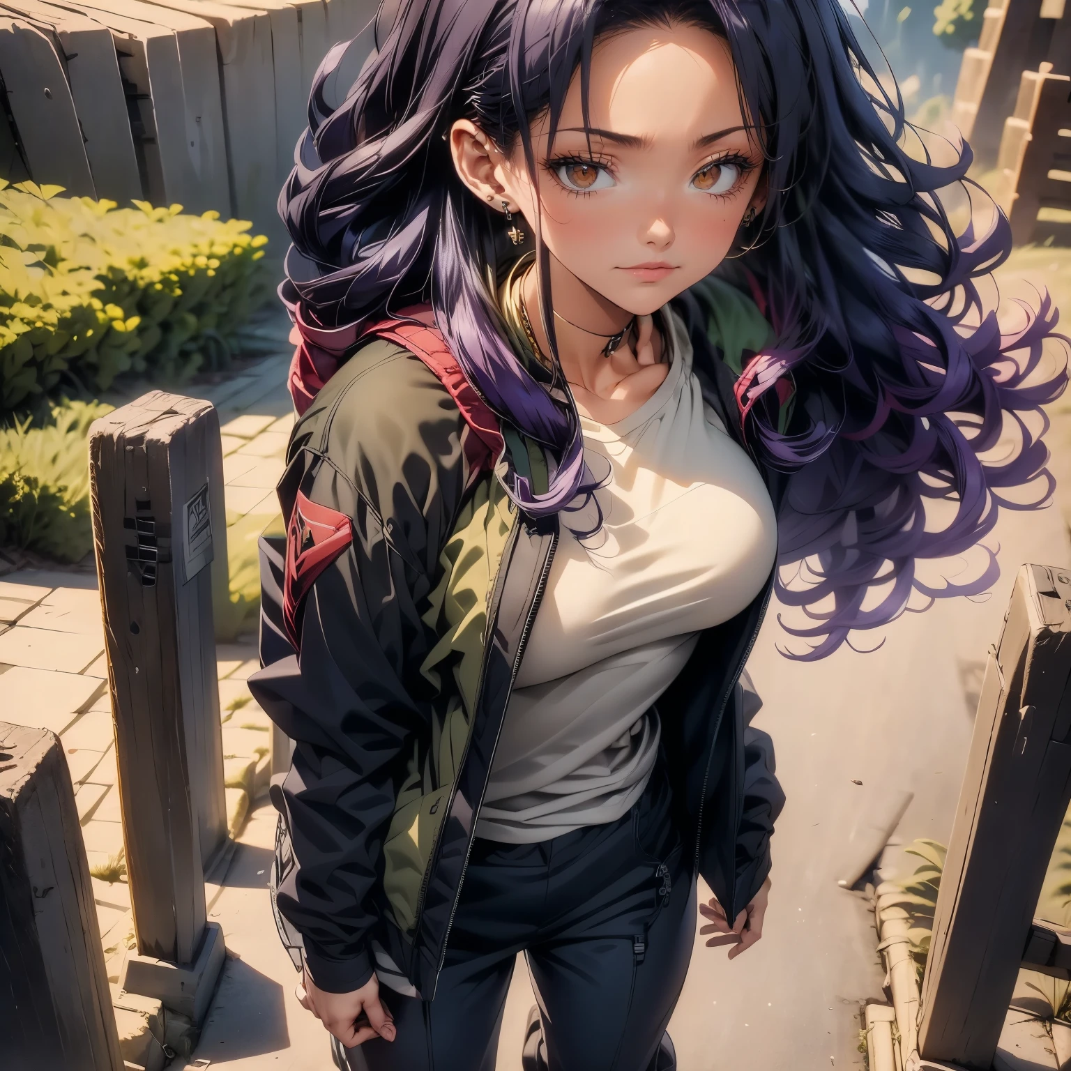 4k, HDR, full HD, Masterpiece, 1girl, solo, long purple hair, perfect anatomy, full body, She wears a lightweight olive green waterproof jacket with black details, designed to protect her from wind and rain. The jacket has multiple zippered pockets, where you store small essentials, like your map and an energy snack. Under the jacket, he wears a long-sleeved technical t-shirt in light gray, he wears tight but flexible hiking pants, in a dark gray tone, On his back, he carries a compact hiking backpack in neutral tones,