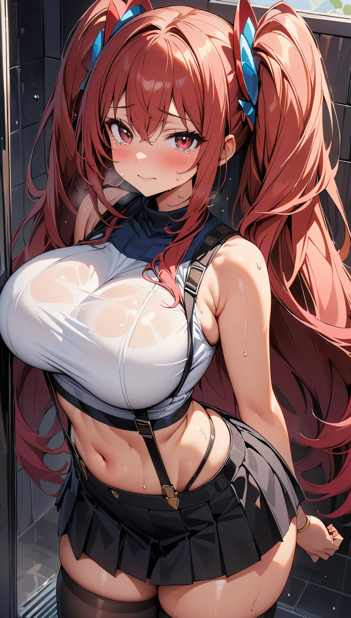 (curvy, large breasts, (tented costume)), ((sleeveless white crop top, crop top navel, black pleated miniskirt, (suspenders))), 1girl, daiwa scarlet \(Uma Musume\), Uma Musume, beautiful detailed eyes, red eyes,(cute eyes), black thigh highs, arms behind back, (Carving Waistline), Shower room, (cowboy shot, from front), Best Quality, Super detailed, masterpiece, Ultra-high resolution, 8k, Embarrassing, blush, Nice, (With tears in my eyes), closed mouth, sweat