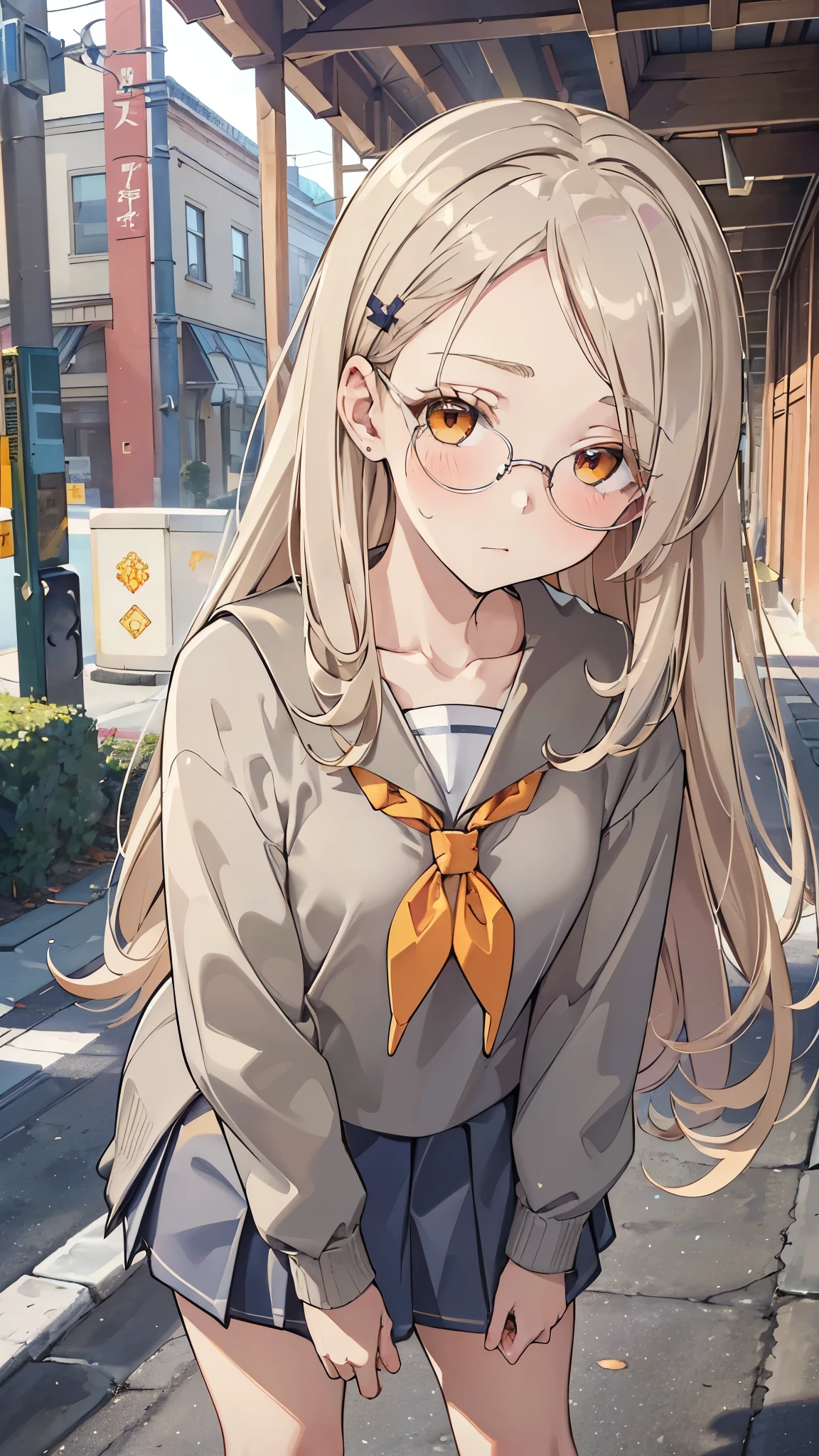masterpiece, ultra detailed, 8k portrait, RAW photo, portrait photography, Highly detailed face, beautiful and meticulous eyes, (amber color eyes:1.5), (Glasses:1.2), (blush:1.5), (tilt one's head:1.5), (leaning forward:1.5), (standing on street:1.5), outdoor, half sleeves shirt, (blue school uniform:1.7), cute girl, (platinum blond hair:1.5), (platinum blond colored eyelash:1.5), (medium hair:1.0), (parted bangs:1.5), (hairpin1.5), (sleepy face:1.0), young girl, 1girl, beauty girl, pretty girl, 159cm, 41kg, (skinny:1.5),