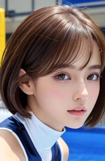 Thin pubic hair((Highest quality、8K、masterpiece:1.3))((Perfect glowing skin,Perfect Skin))　Browsing Caution　Realistic　Bright room　White Room　White skin　Brown Hair　Chignon　bangs