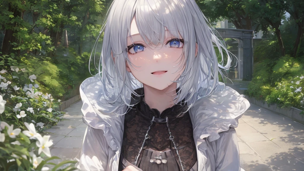 Open your mouth、Flower Field、Her eyes were shining、Mysterious and enchanting atmosphere。With AI Painting、とてもshort hair, Long bangs between the eyes, Very detailed,(masterpiece、Highest quality)、alone、Gray Hair、Fantasy, Silver Hair, Fantasyな風景、smile、Open your mouth、short hair、short hair、hairpin、black eye、Grey Eyes、Beautiful Eyes、Black Shirt、White hoodie