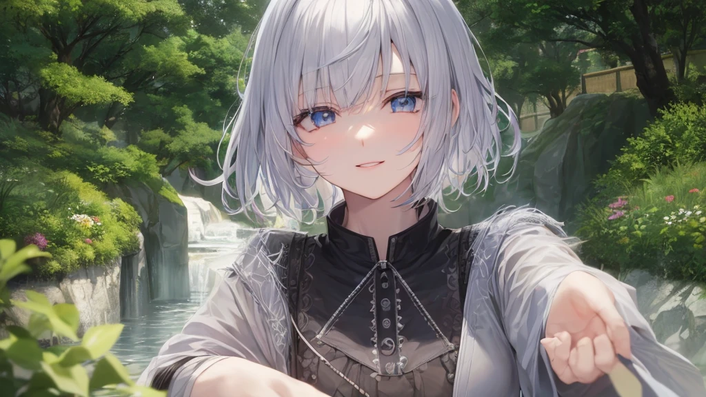 Ultra HD,Look at the viewers, and, 20 years old, 非常にShort Hair, Long bangs between the eyes, Pale blue eyes, Very detailed,(masterpiece、Best Quality),Gray Hair、Laughter、wonderful, Silver Hair, iris, Short Hair、Small face、明るいsmile、(Detailed face) ,Professional Lighting,wonderful風景,blue sky, sunlight,Looking down from above,Portraiture、Open your mouth、、Her eyes were shining、Mysterious and enchanting atmosphere。AI Painting、andてもShort Hair, Long bangs between the eyes, Very detailed,(masterpiece、Best Quality)、Alone、Gray Hair、Fantasy, Silver Hair, Fantasyな風景、smile、Open your mouth、Short Hair、Short Hair、hairpin、Black Eyes、Grey Eyes、Beautiful Eyes、Black Shirt、White hoodie、Anime Eyes