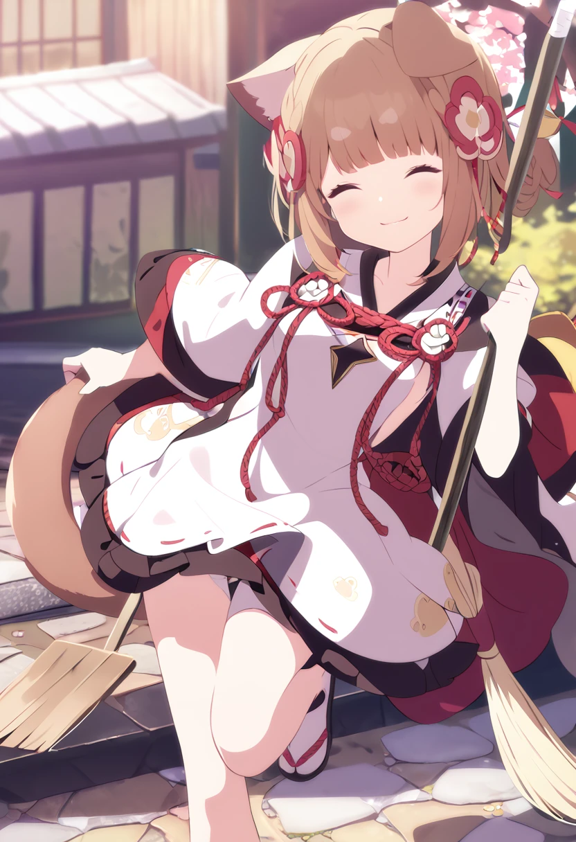 masterpiece、、Shrine Maiden Costume、shrine、Cat ears and tail、Cute single tusk、Very small breasts、Brown Hair、An innocent smile、fun、Grab a broom and sweep