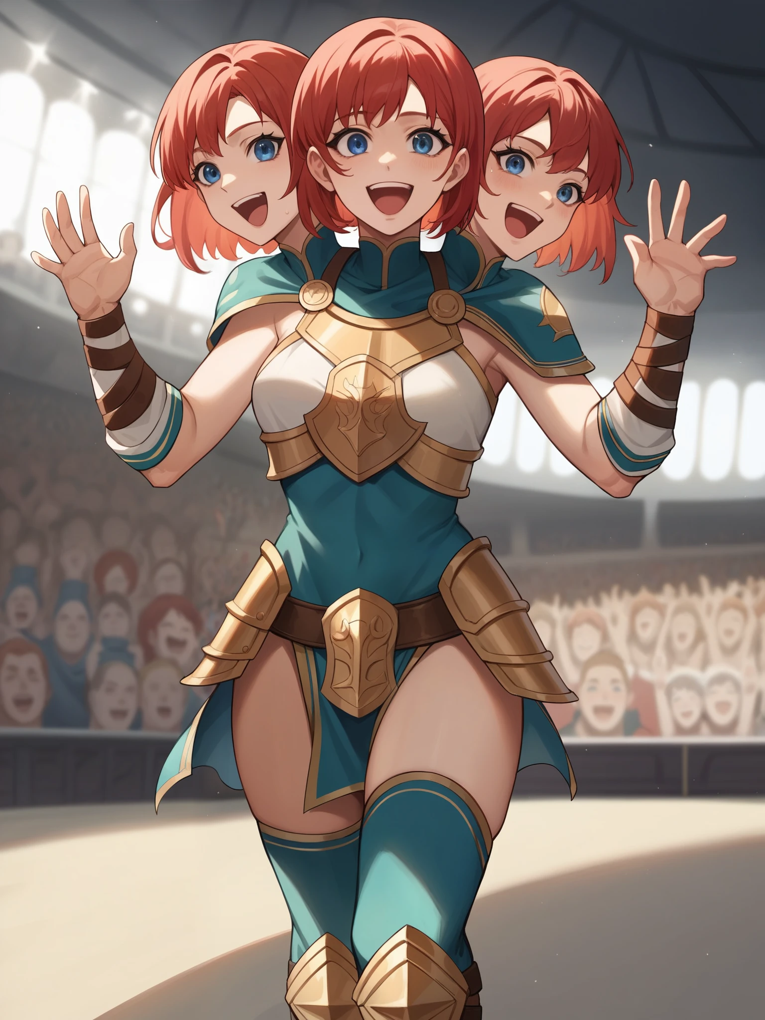 anime, (masterpiece, best quality), best resolution, three heads, conjoined, 1girl, gladiator, red hair, short hair, blue eyes, open mouth, victorious, energetic, happy, excited, cheering, arms raised in triumph, light gladiator armor, victory pose, in the center of the arena, podium, cheering crowd in the background