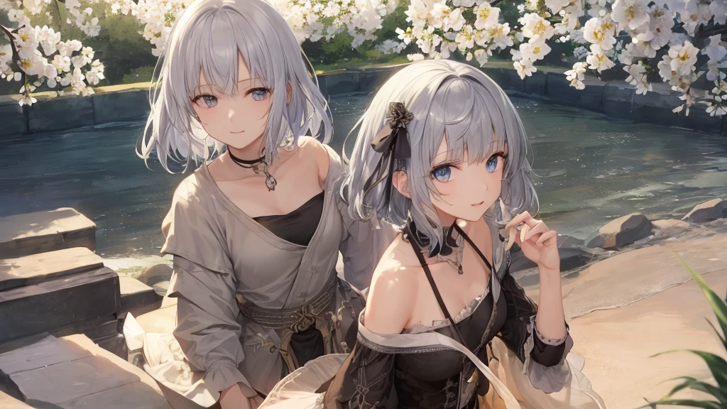 Open your mouth、Flower Field、Her eyes were shining、Mysterious and enchanting atmosphere。With AI Painting、とてもShort Hair, Long bangs between the eyes, Very detailed,(masterpiece、Highest quality)、alone、Gray Hair、Fantasy, Silver Hair, Fantasyな風景、smile、Open your mouth、short hair、Short Hair、hairpin、black eye、Grey Eyes、Beautiful Eyes、Black Shirt、White hoodie